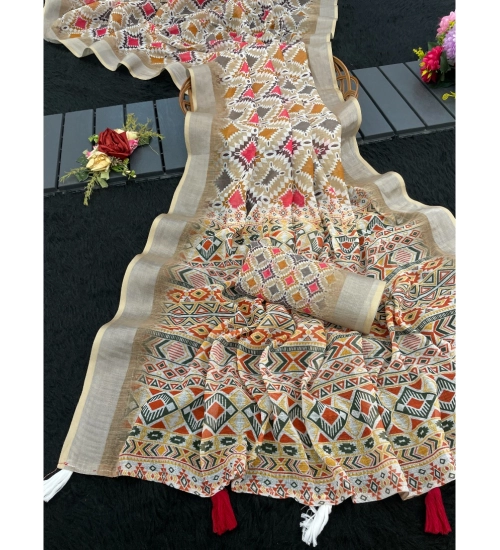 Generic Women's Linen Cotton  Printed Saree With Unstitched Blouse 5.5Mtr (Cream)