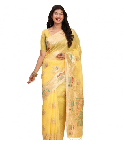 Generic Women's Linen Cotton Printed Saree With Unstitched Blouse 5.5Mtr (Yellow)
