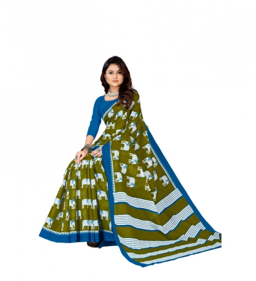 Generic Women's Soft Pure Cotton Printed Saree With Unstitched Blouse 5.5Mtr (Mehendi green)