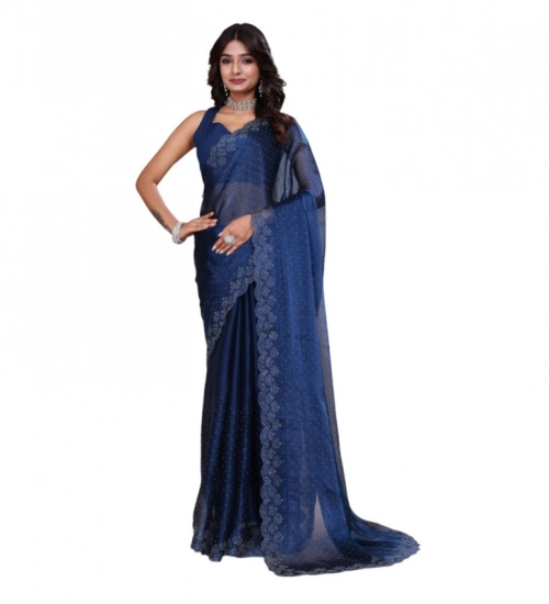 Generic Women's Jimmy choo Embellished Bollywood Saree With Unstitched Blouse 5.5Mtr (Blue)
