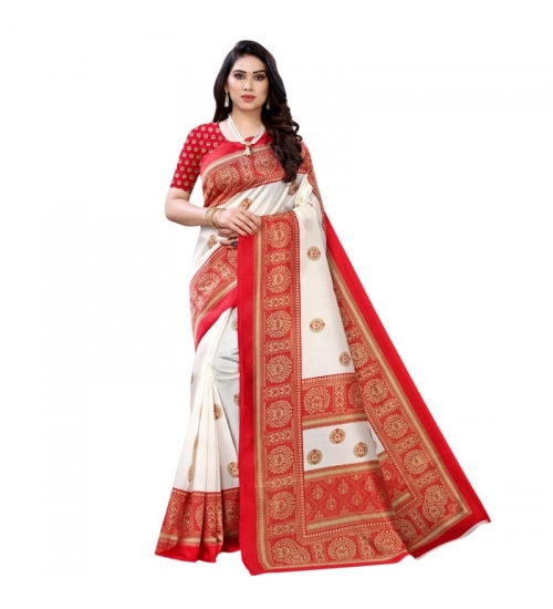 Generic Women's Litchi silk Printed Saree With Unstitched Blouse  5-6 Mtrs (Red)