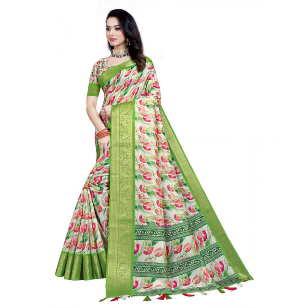 Women's Cotton Silk Floral Printed Saree With Unstitched Blouse 5.5Mtr (Green-White)