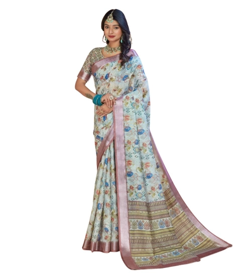 Generic Women's Printed Cotton Linen Saree withPrinted  Saree With Unstitched Blouse (Rust  , 5-6Mtrs)