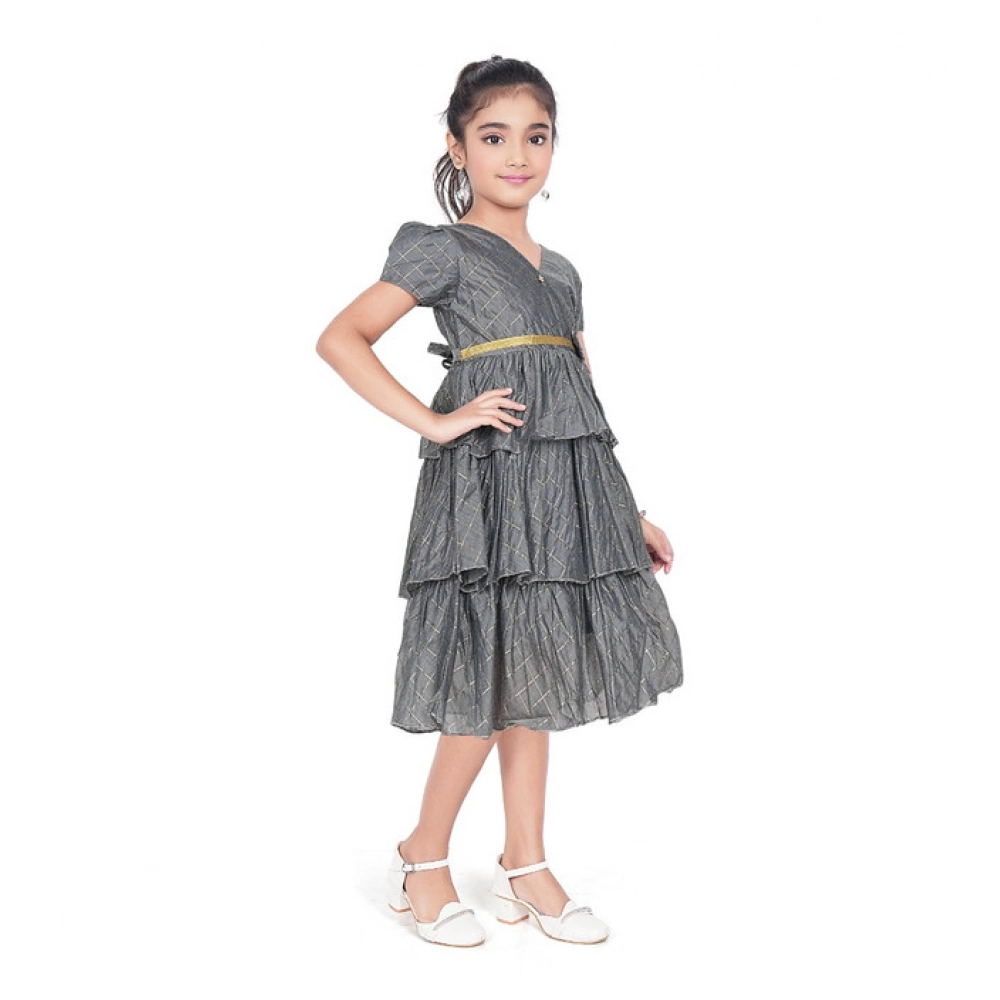Generic Girl's Artificial Silk Striped Short Sleeve V Neck Dress (Grey)