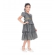 Generic Girl's Artificial Silk Striped Short Sleeve V Neck Dress (Grey)