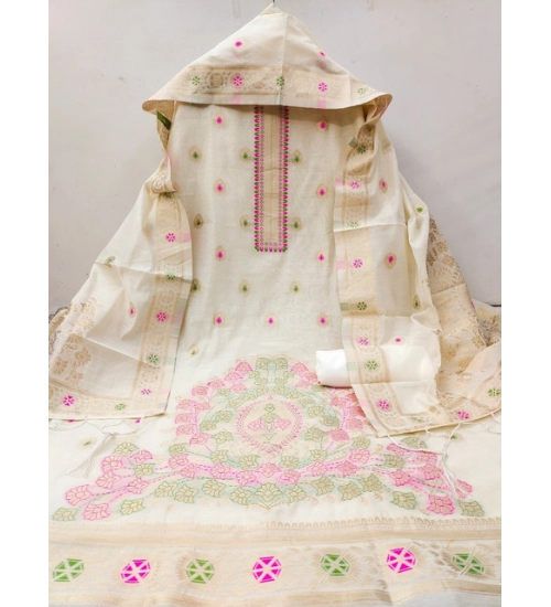 Generic Women's Banarasi Silk Printed Unstitched Salwar Suit Material With Dupatta (White, 3Mtrs)