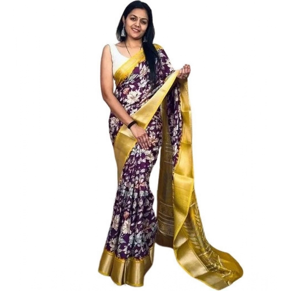 Women’s Cotton Blend Floral Printed Saree With Unstitched Blouse 5.5Mtr (Purple)