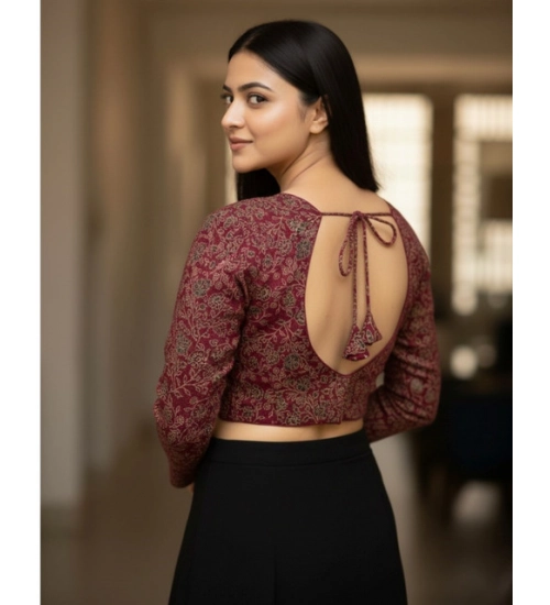 Generic Women's Ajrakh Cotton Printed V-Neck Padded Blouse (Maroon 38 Ready (Self Alterable 36–40)