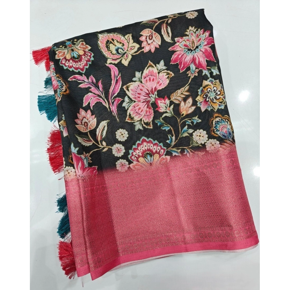 Generic Women's Cotton Silk Floral Printed Saree With Unstitched Blouse 5.5Mtr (Multicolor)