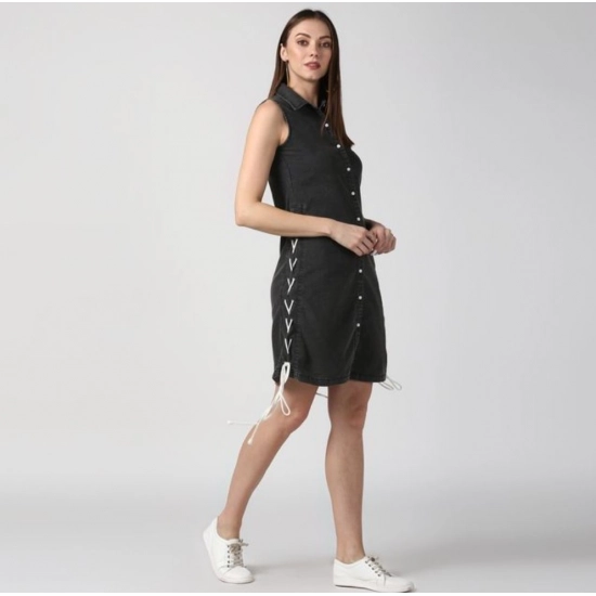 Generic Women's Denim Solid Sleeveless Dress (Black)