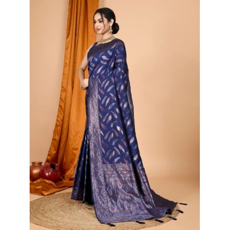 Generic Women's Soft Silk Jacquard Saree With Unstitched Blouse 5.5Mtr (Navy Blue)