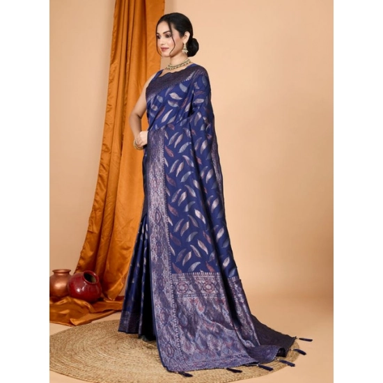 Generic Women's Soft Silk Jacquard Saree With Unstitched Blouse 5.5Mtr (Navy Blue)