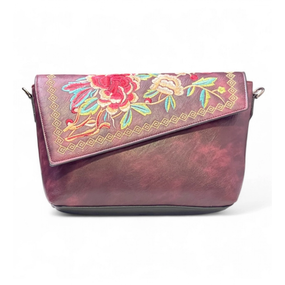 Generic Women's Polyurethane Floral Embroidered Crossbody Sling Bag with Adjustable & Removable Strap (Red)