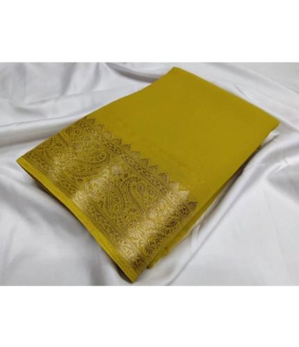Generic Women's Crepe Chit Pallu Solid Saree With Unstitched Blouse 5.5Mtr (Mustard Yellow)