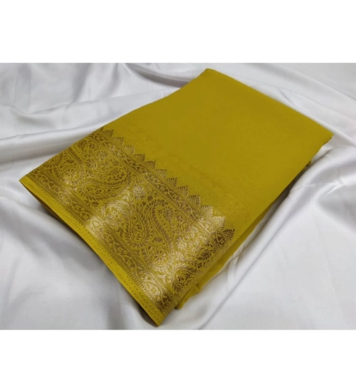 Generic Women's Crepe Chit Pallu Solid Saree With Unstitched Blouse 5.5Mtr (Mustard Yellow)