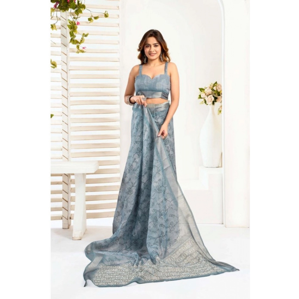 Generic Women's Faux_Linen Printed Ready-to-Wear Saree With Unstitched Blouse 5.5 Mtr (Light_Blue) Generic Women's Faux_Linen Printed Ready-to-Wear Saree With Unstitched Blouse 5.5 Mtr (Light_Blue)