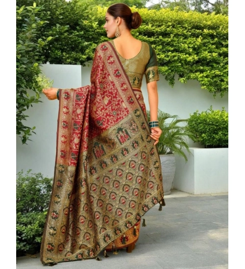 Generic Women's Silk Blend Woven Paithani Saree With Unstitched Blouse 5.5Mtr (Red)
