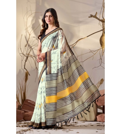 Generic Women's Faux_Linen Printed Saree With Unstitched Blouse 5.5Mtr (Light_Green)