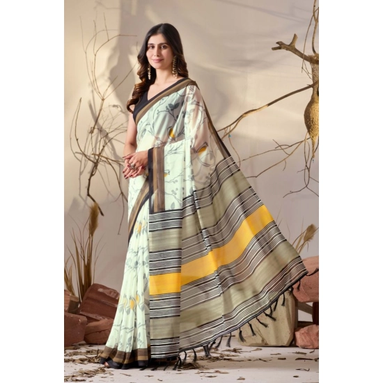 Generic Women's Faux_Linen Printed Saree With Unstitched Blouse 5.5Mtr (Light_Green)