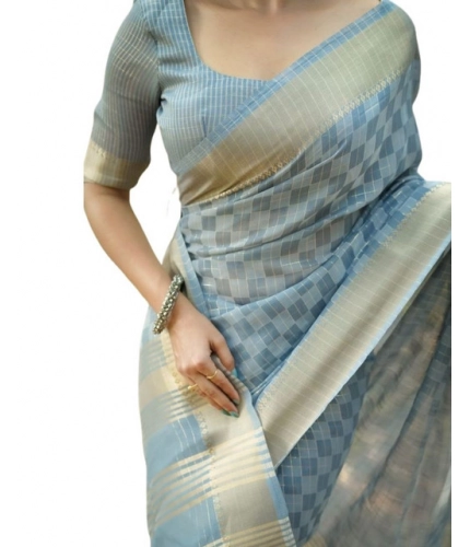 Generic Women's Silk_Blend Checked Saree With Unstitched Blouse 5.5Mtr (Sky_Blue)
