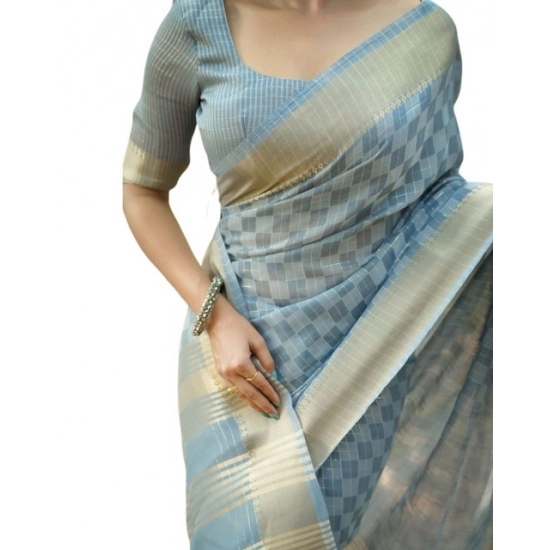 Generic Women's Silk_Blend Checked Saree With Unstitched Blouse 5.5Mtr (Sky_Blue)