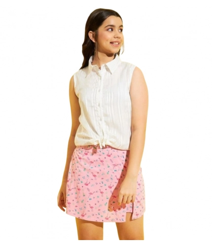 Generic Girl's Polyester Lurex Printed Sleeveless Top Set (Pink-White)