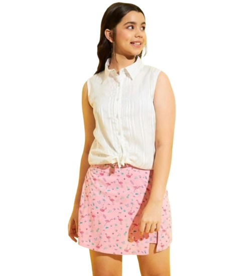 Generic Girl's Polyester Lurex Printed Sleeveless Top Set (Pink-White)