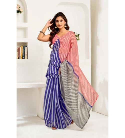 Generic Women's Linen Cotton Printed Ready To Wear Saree With Unstitched Blouse 5.5 Mtr (Blue)