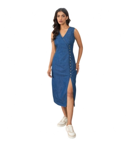 Generic Women's Denim Solid Sleeveless Dress (Blue)