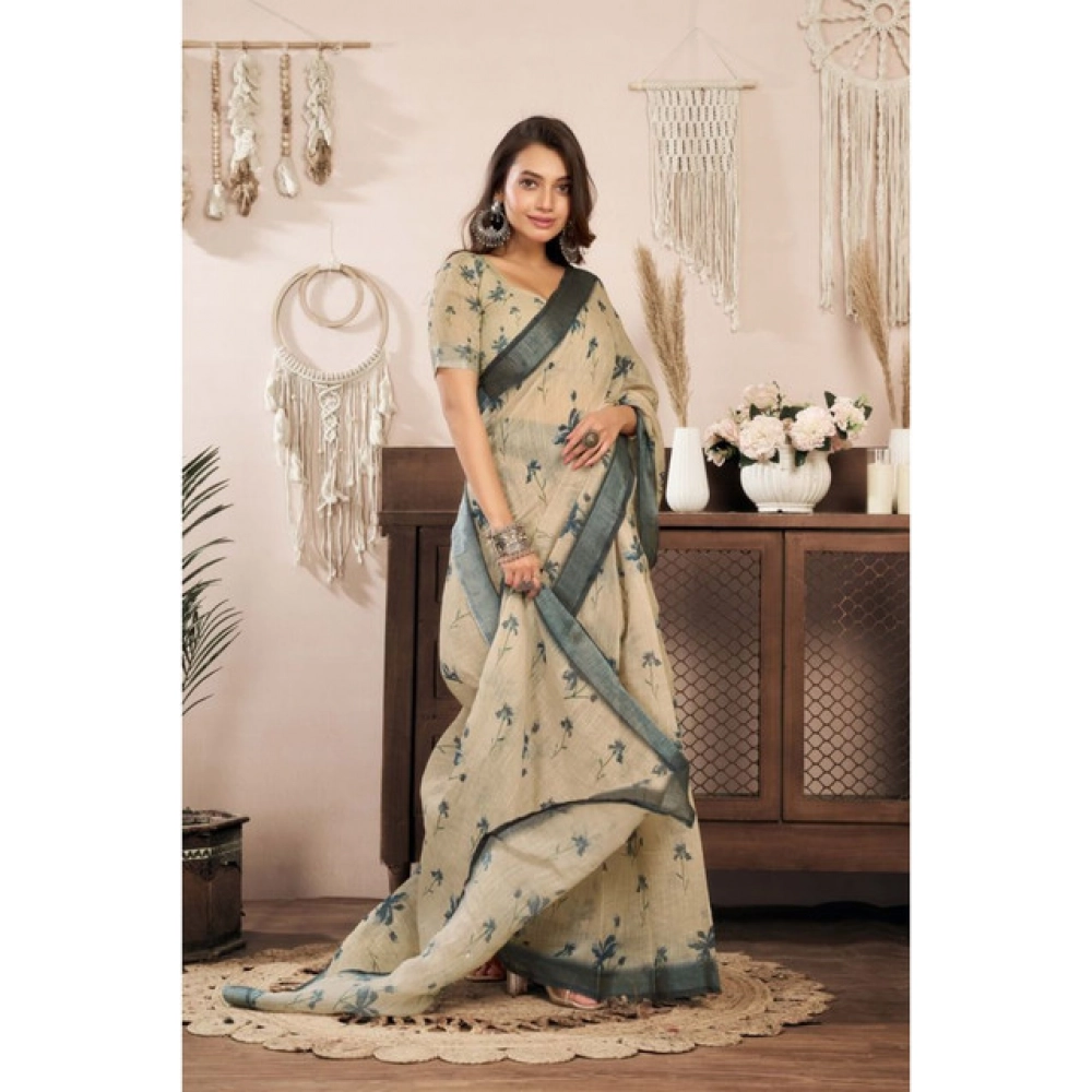 Generic Women's Linen Cotton Printed Ready To Wear Saree With Unstitched Blouse 5.5 Mtr (Light_Beige)