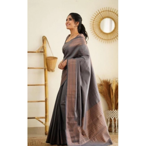 Women's Litchi silk Printed Saree With Unstitched Blouse (Grey)