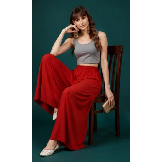 Generic Women's Georgette Solid Mid-Rise Wide Leg Flared Palazzo Pants with Elastic Waist (Red) Generic Women's Georgette Solid Mid-Rise Wide Leg Flared Palazzo Pants with Elastic Waist (Red)