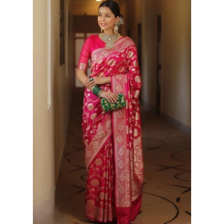 Generic Women's Jacquard Printed Saree With Unstitched Blouse 5.5Mtr (Pink)