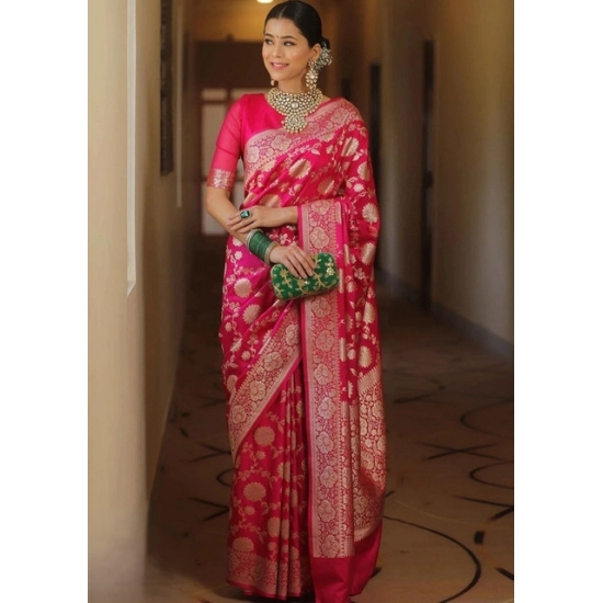 Generic Women's Jacquard Printed Saree With Unstitched Blouse 5.5Mtr (Pink)