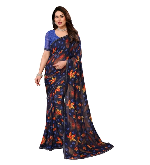 Generic Women's Georgette Printed Saree With Unstitched Blouse 5.5Mtr (Blue)