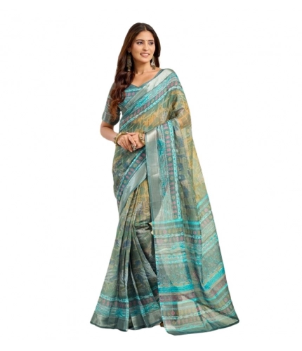 Generic Women's Faux Linen Printed Ready to wear Saree With Unstitched Blouse 5.5Mtr (Multicolor)