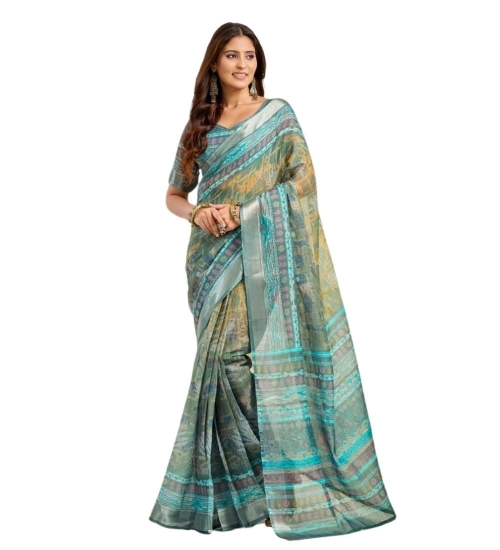 Generic Women's Faux Linen Printed Ready to wear Saree With Unstitched Blouse 5.5Mtr (Multicolor)