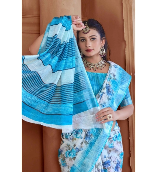 Generic Women's Printed Cotton Linen Saree withPrinted  Saree With Unstitched Blouse (Blue, 5-6Mtrs)