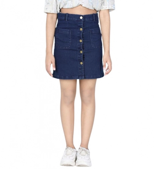 Generic Girl's Denim Solid Buttoned Skirt (Navy Blue)