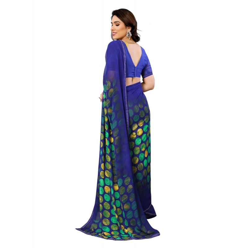 Women's Georgette Printed Saree With Unstitched Blouse 5.5Mtr (Blue)