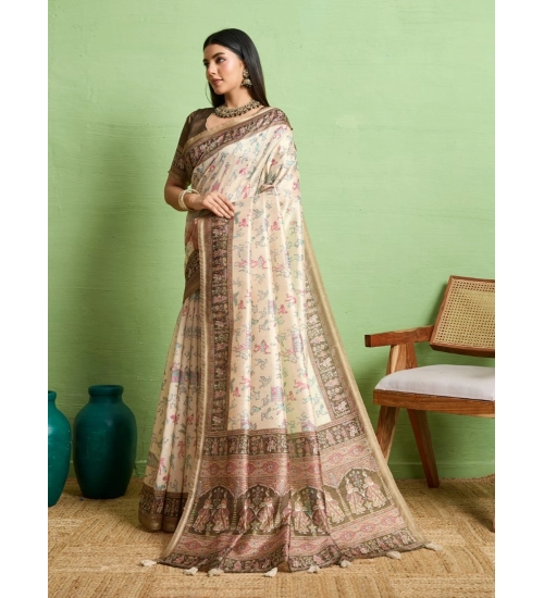 Generic Women's Silk Blend Printed Saree With Unstitched Blouse 5.5Mtr (Cream)