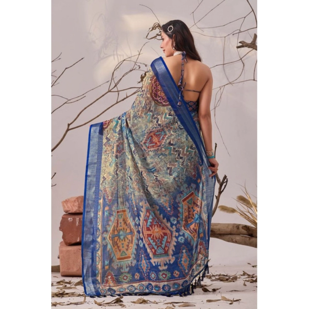 Generic Women's Faux_Linen Printed Saree With Unstitched Blouse 5.5Mtr (Navy_Blue)