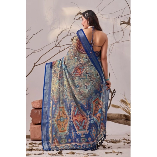 Generic Women's Faux_Linen Printed Saree With Unstitched Blouse 5.5Mtr (Navy_Blue)