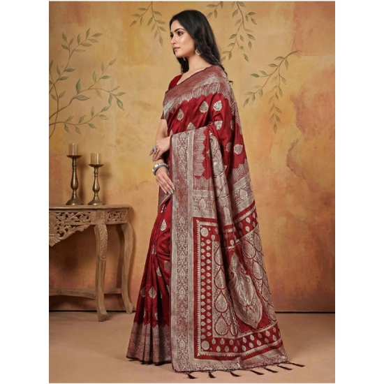 Generic Women's Silk Blend Printed Saree With Unstitched Blouse 5.5Mtr (Maroon)