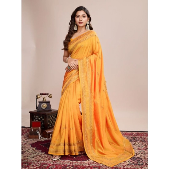 Generic Women's Vichitra Silk Embroidery Work Saree With Unstitched Blouse 5.5Mtr (Mustard)
