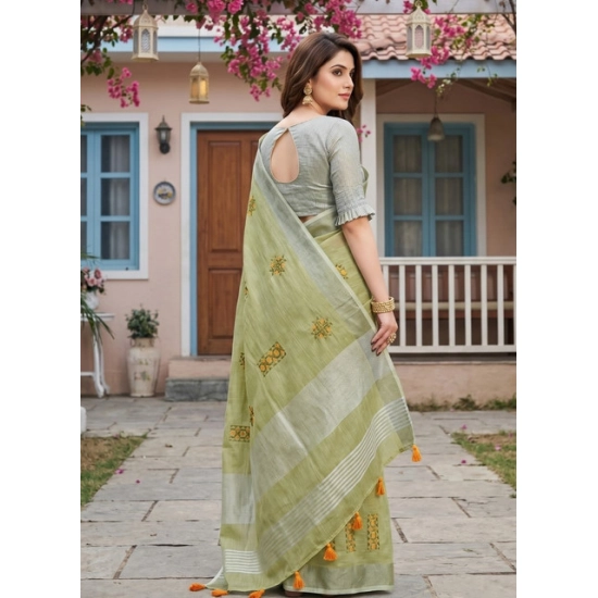 Generic Women's Linen Embroidered Saree With Unstitched Blouse 5.5Mtr (Light Green) Generic Women's Linen Embroidered Saree With Unstitched Blouse 5.5Mtr (Light Green)