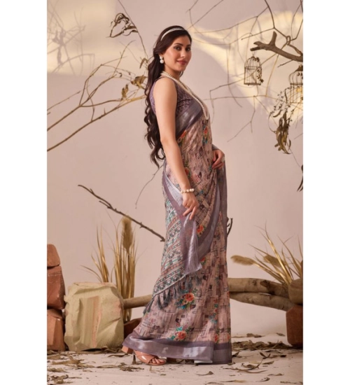 Generic Women's Faux_Linen Printed Saree With Unstitched Blouse 5.5Mtr (Mauve)