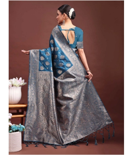 Generic Women's Banarasi Silk Printed Saree With Unstitched Blouse 5.5Mtr (Teal Blue)