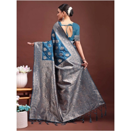 Generic Women's Banarasi Silk Printed Saree With Unstitched Blouse 5.5Mtr (Teal Blue)