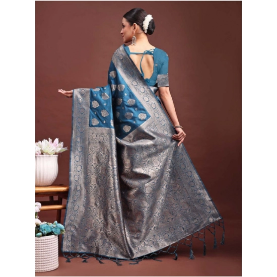 Generic Women's Banarasi Silk Printed Saree With Unstitched Blouse 5.5Mtr (Teal Blue)
